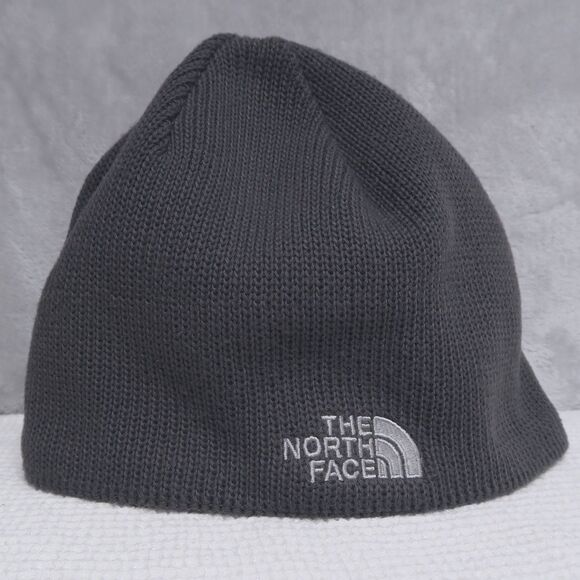 THE NORTH FACE Gray Ribbed Knit Fleece Lined Beanie Hat Logo One Size Outdoor - Picture 1 of 9